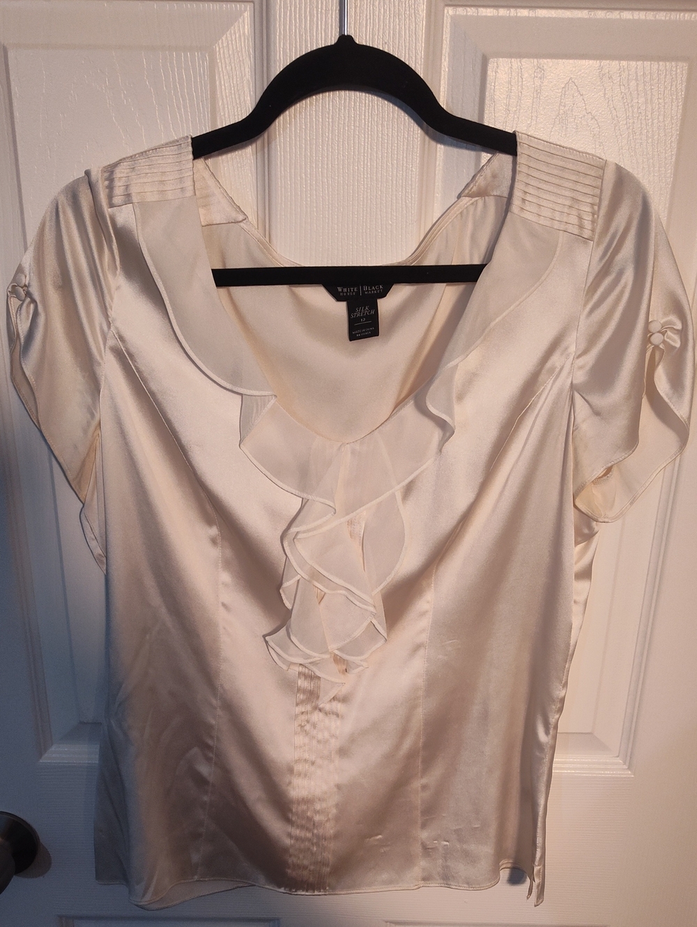 White House Black Market Cream Satin Ruffle Scoop Neck Blouse